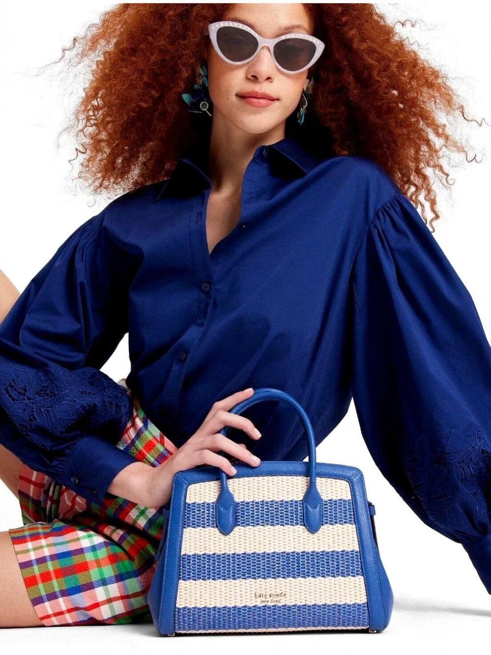 New Kate Spade Knott Striped Woven Medium Satchel Classic Blue Multi Preppy
